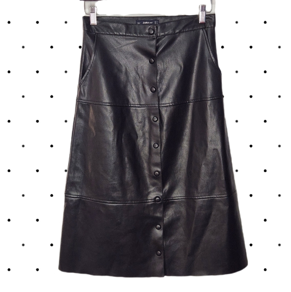 ZARA KNIT faux leather A line midi skirt with snaps (S)